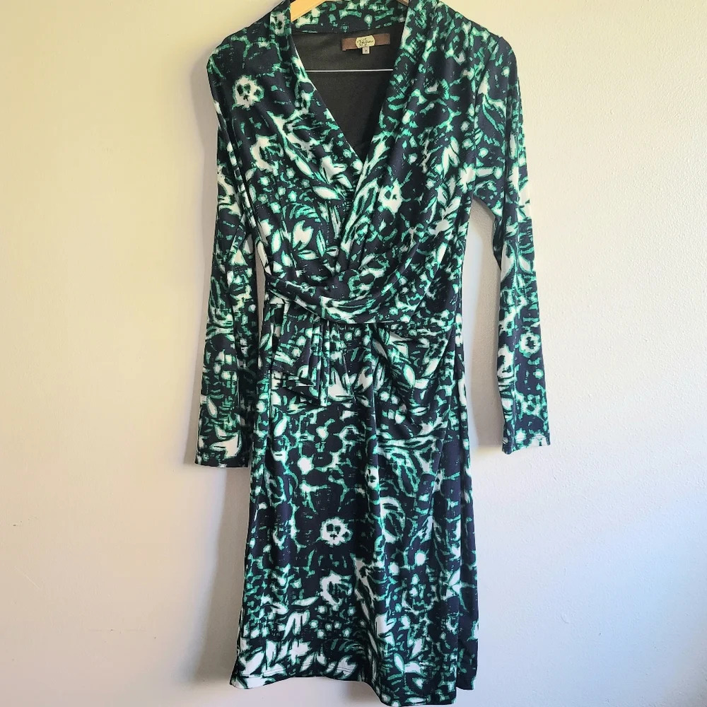 Eva Franco, Attila Long Sleeve Dress,Black/Ivory/Green Digital Floral Print,Sz 6